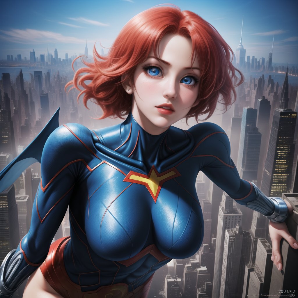 manga, sole_female, superheroe suit, beutiful eyes,  lovely face, flying new york city, high quality, colorfull, ultra high definition 300 dpi, 4k resolution