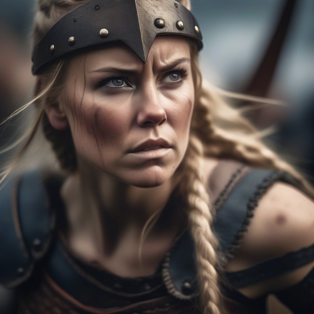 
viking warrior woman , in battle, close up, cinematic, looking at camera, realistic photo, nikon d850, 85mm lens –q 2 –s 750