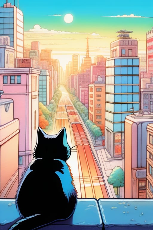 cat watching big city, beautiful background city, happy vibes, positive colors, smaller cat,  3d, metro, big background, japanese manga, Hayao Miyazaki