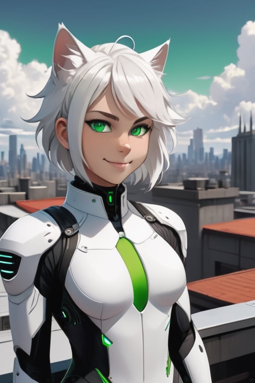 
Valk,white hair,short hair,green  eyes, smile, bodysuit ,upper body,standing, outside,clouds,rooftop,cyberpunk, (insanely detailed, beautiful detailed face, masterpiece, best quality) solo,Lofi,Girl,1girl,ahCat, neko cyber (module),Boy