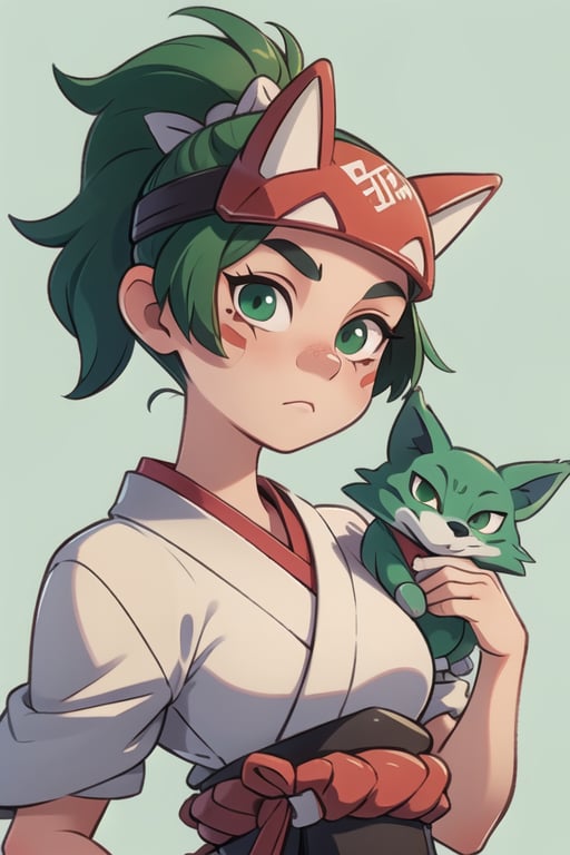 
masterpiece, best quality,1girl,facial mark,fox,simple background, green hair, green eyes, japanese_clothing