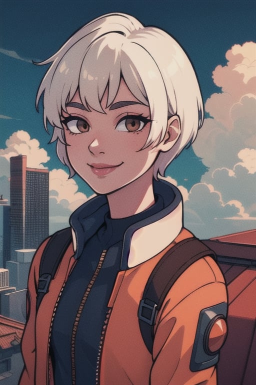 
Valk,white hair,short hair,brown eyes, orange bodysuit, smile, upper body,standing, outside,clouds,rooftop,cyberpunk, (insanely detailed, beautiful detailed face, masterpiece, best quality) solo,lofi,wraith (apex legends),wattson (apex legends)