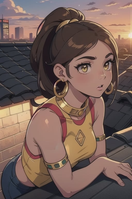 2.5D, an aztec girl, perfect body, black skin,full body, traditional aztec clothes, 20 years old
long hair, ponytail, brown hair, yellow eyes, buff, outside,clouds,rooftop,cyberpunk, (insanely detailed, beautiful detailed face, gold streak in hair, gold_hoops, gold earings
,Lofi,Girl,Sunrise