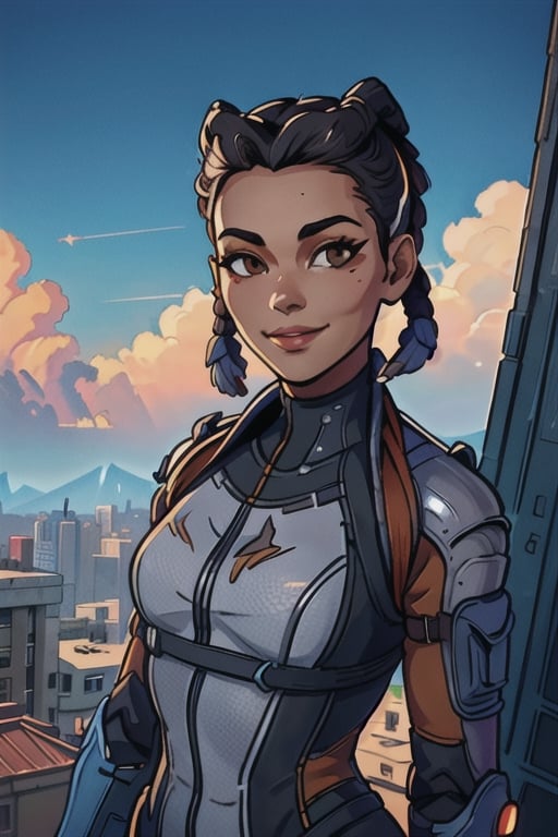 
Valk,white hair,short hair,brown eyes, orange bodysuit, smile, upper body,standing, outside,clouds,rooftop,cyberpunk, (insanely detailed, beautiful detailed face, masterpiece, best quality) solo,lofi,wraith (apex legends),wattson (apex legends),lobapex