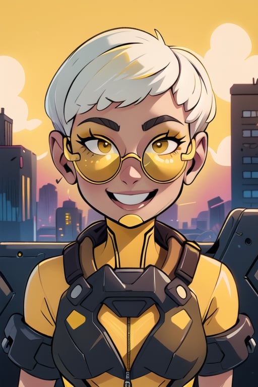 
Valk,white hair,short hair,brown eyes, (yellow shades:1.5),orange bodysuit, smile, upper body,standing, outside,clouds,rooftop,cyberpunk, (insanely detailed, beautiful detailed face, masterpiece, best quality) solo,lofi