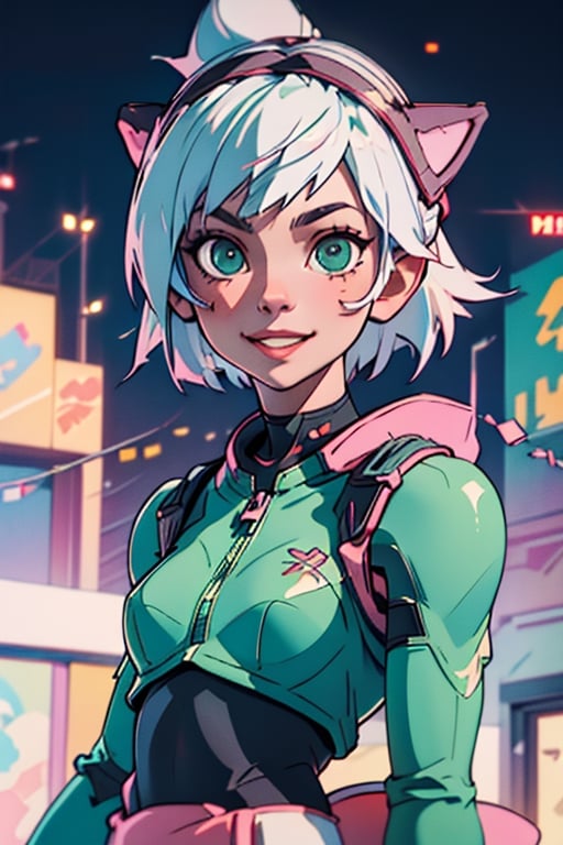 
Valk,white hair,short hair,green  eyes, smile, bodysuit ,upper body,standing, outside,clouds,rooftop,cyberpunk, (insanely detailed, beautiful detailed face, masterpiece, best quality) solo,Lofi,Girl,1girl,ahCat, neko cyber (module)