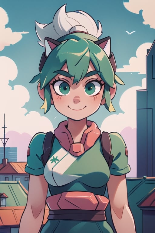 
Valk,white hair,short hair,green  eyes, smile, bodysuit ,upper body,standing, outside,clouds,rooftop,cyberpunk, (insanely detailed, beautiful detailed face, masterpiece, best quality) solo,Lofi,Girl,1girl,ahCat