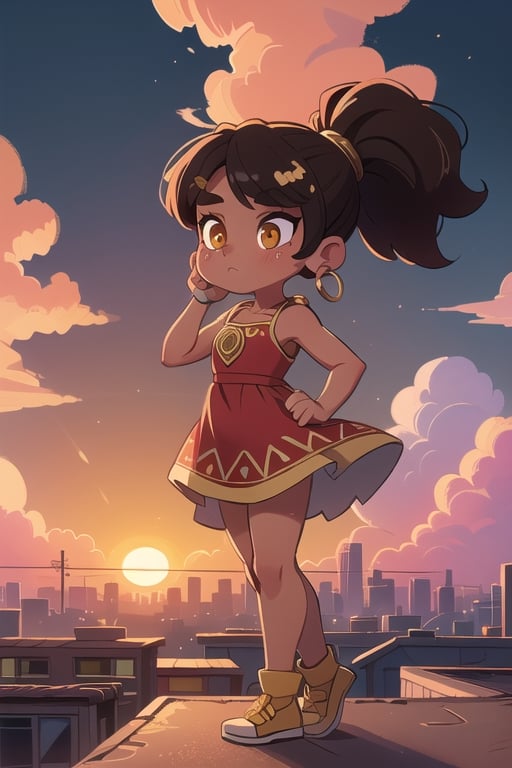 2.5D, an aztec girl, perfect body, black skin,brown skin,dark_skin_female ,hispanic , full body, traditional aztec clothes, 20 years old
long hair, ponytail, brown hair, yellow eyes, buff, outside,clouds,rooftop,cyberpunk, (insanely detailed, beautiful detailed face, gold streak in hair, gold_hoops, gold earings, red dress , white tunic
,Lofi,Girl,Sunrise, collarbone,Boy,Style