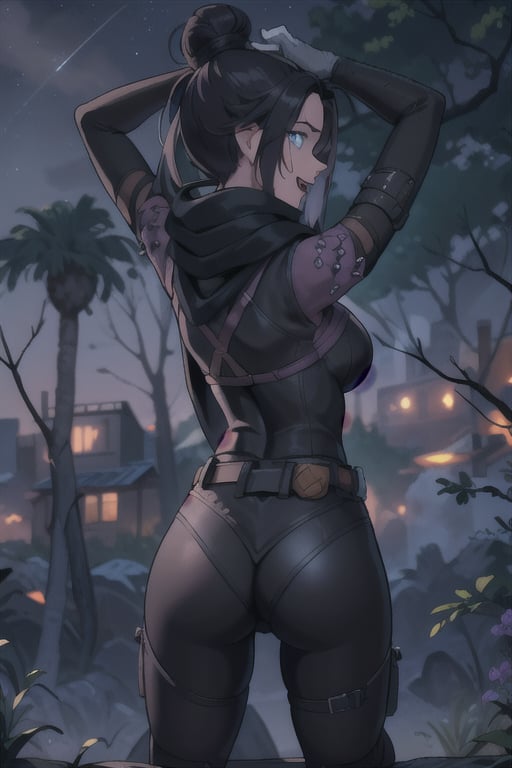 (masterpiece, best quality:1.2),  , wraith (apex legends), 1girl, solo, single hair bun, hair bun, bodysuit, scarf, black bodysuit, holding, breasts, black hair, black scarf, large breasts, blue eyes, belt, brown belt, bangs, parted bangs, hair behind ear, gloves, nose piercing, black gloves, thigh strap, squatting, open mouth, smile, looking at viewer, outdoors, night, fog, sitting in tree, ,looking_at_viewer, photo from behind