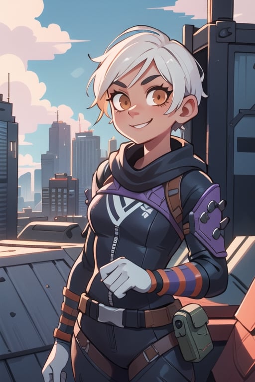 
Valk,white hair,short hair,brown eyes, orange bodysuit, smile, upper body,standing, outside,clouds,rooftop,cyberpunk, (insanely detailed, beautiful detailed face, masterpiece, best quality) solo,lofi,wraith (apex legends)