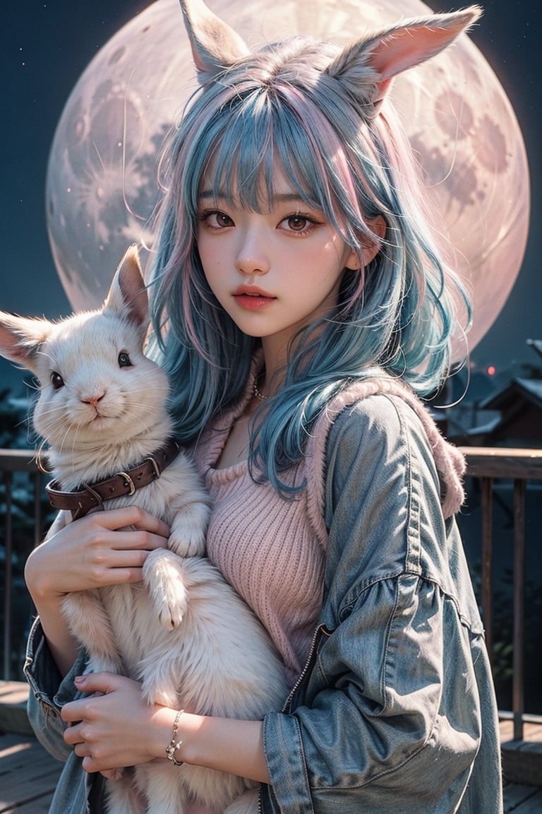 1girl, bluehair, pink hair, fullmoon behind, holding rabbit