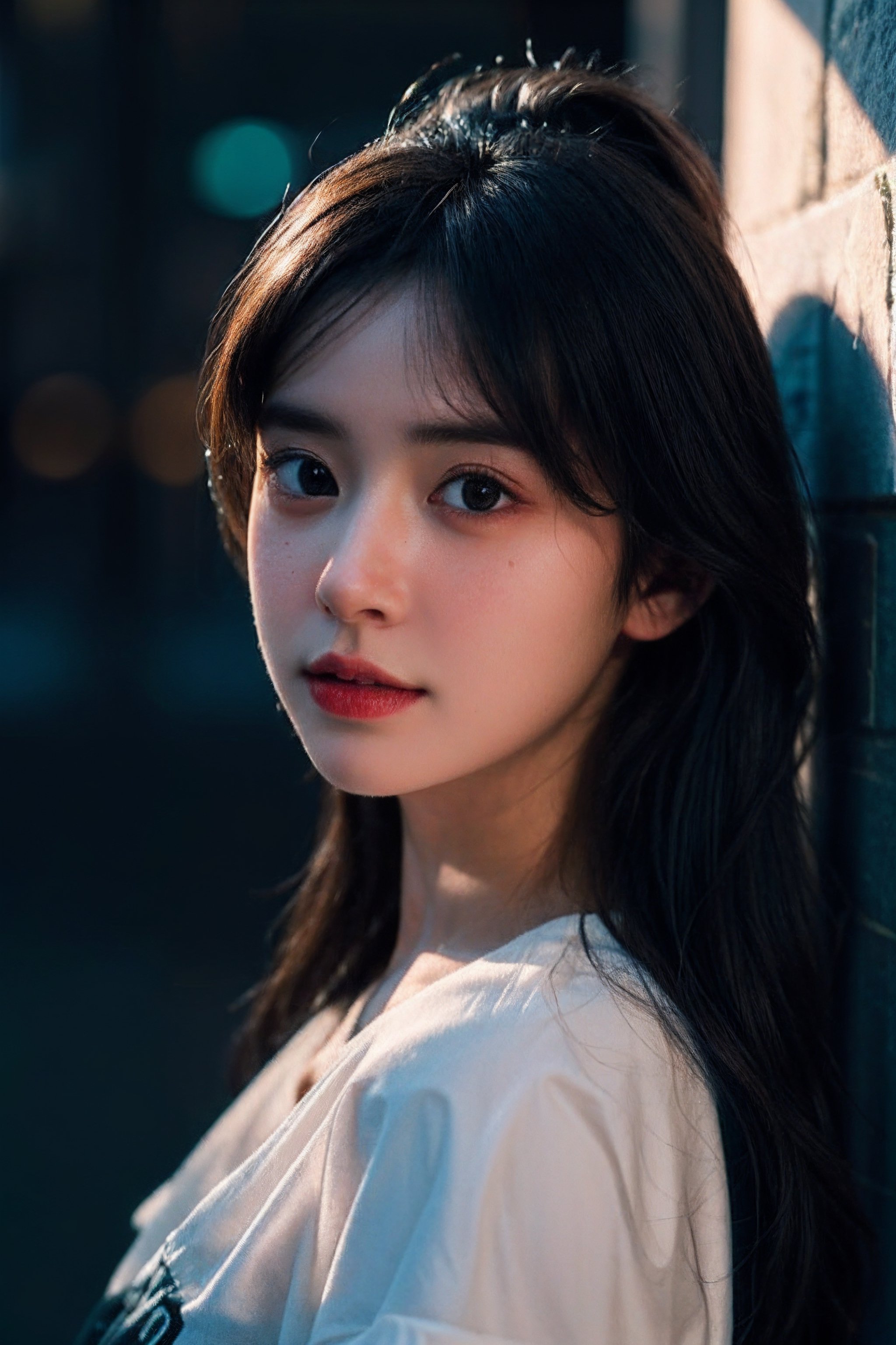 masterpiece,best quality,finely detail,1 young woman upper body detailed , beautiful detailed eyes, rim light shadow dramatic lighting 
gradient by Brandon Woelfel Ryan McGinley,ray tracing,Glow