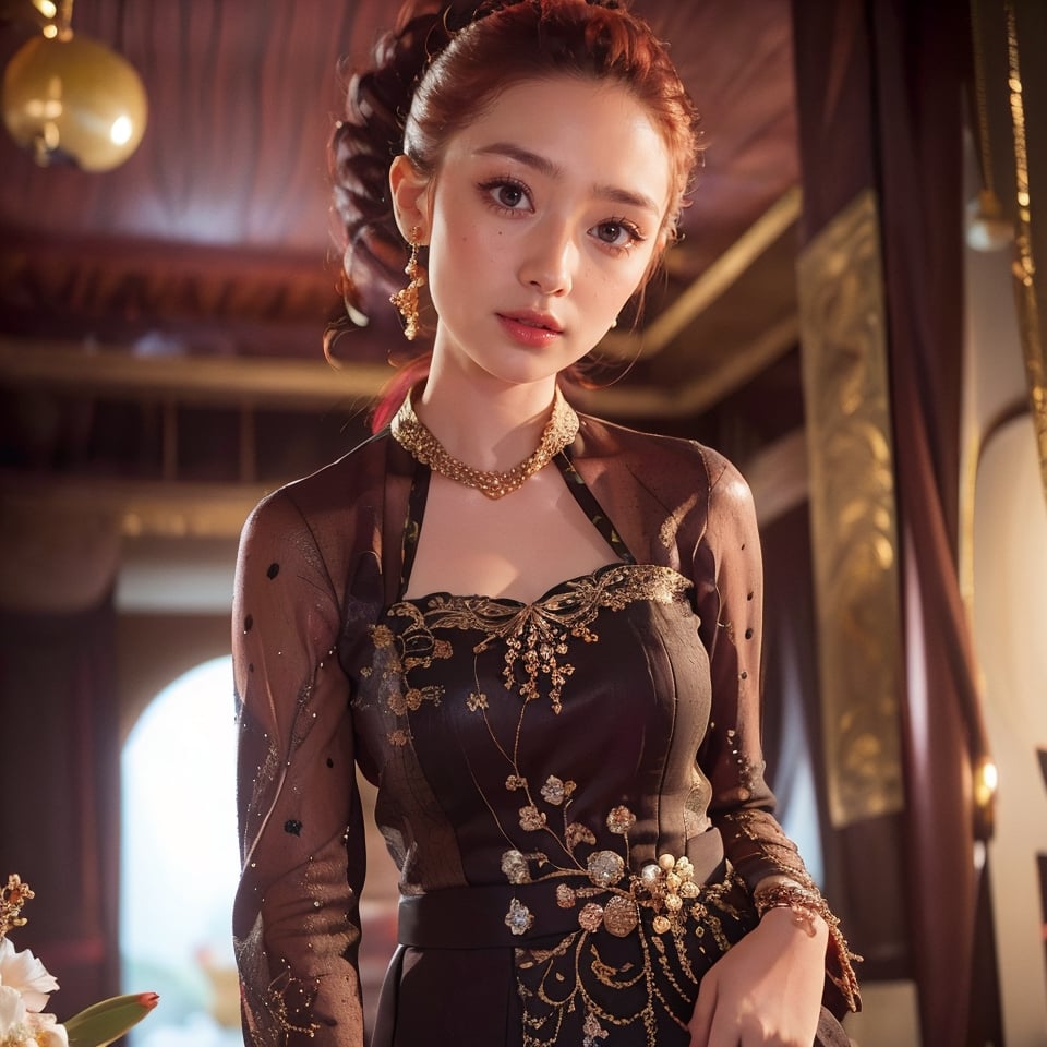 photography, woman,  close up of java wedding woman in a black kebaya dress traditional and batik skirt, looking at viewer, jewelry and hair on hair, red lipstick, biting lips, golden necklace, earrings, ornate, detail, flowers, blurry background, soft focus kebaya,Tulip From Storks,bushy ponytail,cejeksm