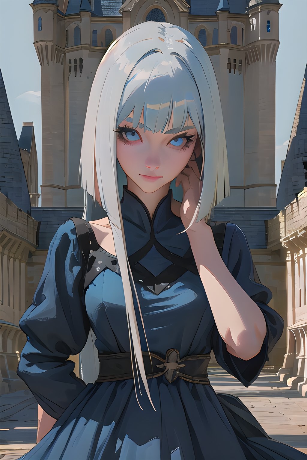 sia sunbae, real life, castle background, realistic face, realistic, real eyes,  light_blue_eyes, real face,detailed_face, detailed_body, LACIO_darkness_hair, long hair,serious,sitting, blue dress,upper_body,hands_on_hips, hands_realistic