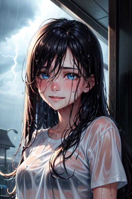 white t-shirt ,sweet face,sad smile,art photo,happy photo,blue lighting eyes,sweat,dark lighting,lovely looking,lovely seeing,(ultra long hairs:1.2),realistic photo style,(wet rain:1.2),(storm:1.2),tears,