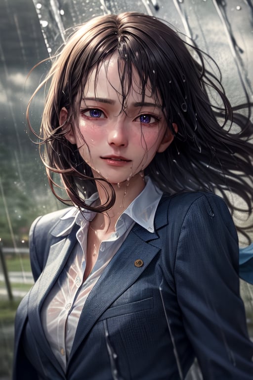 teacher suits,realistic photo, real human photo, realistic details photo,(wet :1),sad smile,(rain:1.2),(wind:1.3)