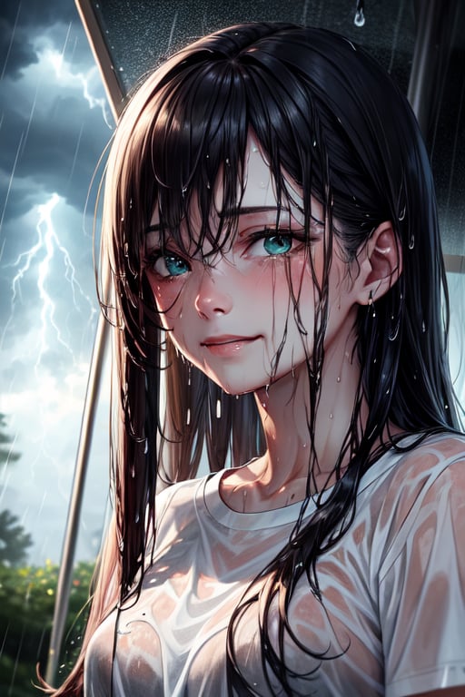 white t-shirt ,sweet face,sad smile,art photo,happy photo,green lighting eyes,sweat,dark lighting,lovely looking,lovely seeing,(ultra long hairs:1.2),realistic photo style,(wet rain:1.2),(storm:1.2),tears,