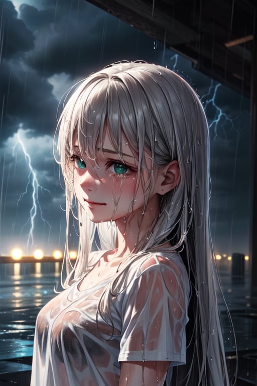 white t-shirt ,sweet face,sad smile,art photo,happy photo,green lighting eyes,sweat,dark lighting,lovely looking,lovely seeing,(ultra long hairs:1.2),realistic photo style,(wet rain:1.2),(storm:1.2),tears,