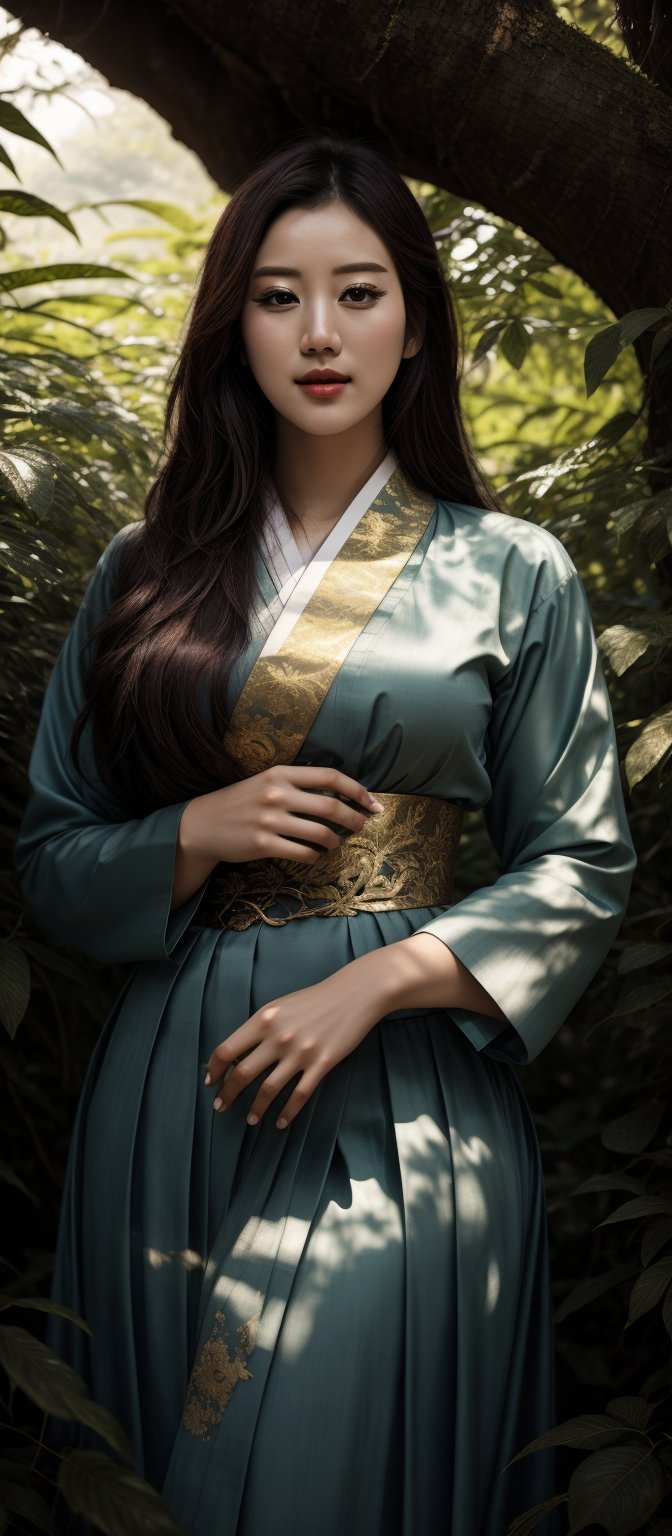 In a dappled, ancient forest ruin, Kim Sejeong stands tall, her traditional Korean hanbok flowing gracefully as beams of warm sunlight filter through the trees, casting a golden halo around her elegant figure. Her beautiful attire shimmers in the soft light, while lush foliage and vines surround her, creating a serene environment. The camera captures a sharp focus on her face, with the rule of thirds composition placing her at the intersection of two diagonals. Shot during the golden hour, the scene exudes an ethereal mood, inviting the viewer to step into this mystical realm. Fantasy, better_hands, leonardo, angelawhite, Enhance