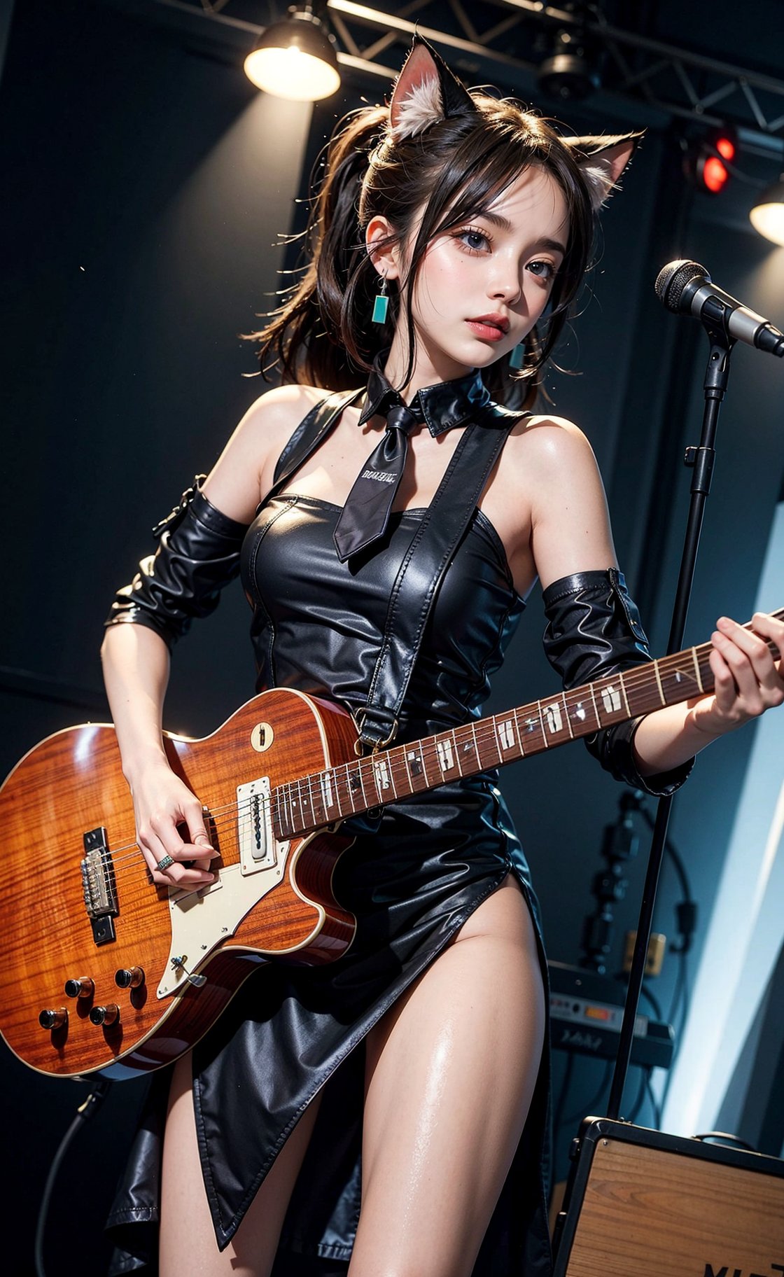 Woman, cosplay, musical play backgound, intellegent girl, pro master, perfect eyes, gamer, leaning_forward, pretty, master piece, anime_hair, guitarist dress, sexy legs, green eyes, pony tail, elegant, good vibe, closed mouth, shy, fantasy light, pro master, wearing headphones, neck_tie, love, aqua_earrings, full_body, cat ear,  ,playing guitar,  looking at the camera, musical dress, black_glove, musical_note,instrument_(music), musical, rock star, music s.t.a.r.t!!, musical band