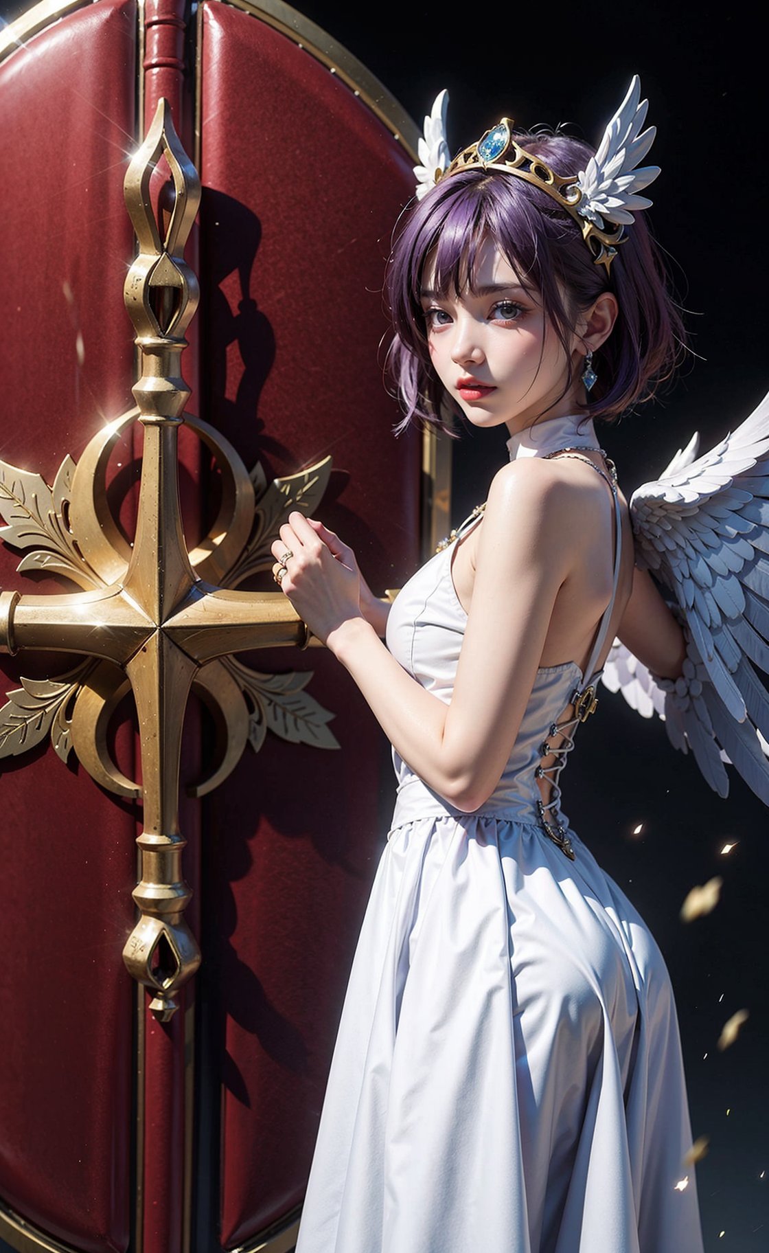 Angelic girl, closed_mouth, looking_at_viewer, perfect eyes, blue eyes, purple hair, short hair, mastery_position, angel_wings,palace background, knight helmet, knight earings, knight necklace, scarlet, knights (ensemble stars!), knight armor dress, holy armor, holy shield, knight mask, knight face, knight cavalier, crusader, full_body, knight, dragon emblem, divine , aura, ki, blaze, dynamax, submisive, angelic angel, beauty, shining_armor