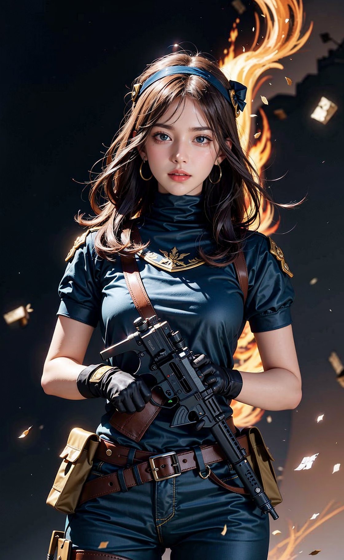 Valkyrie woman, firearm, gun weapon, bandana, looking_at_viewer, closed_mouth, blue bloomers, blue eyes, gunslinger, exposing_self, intelligent, long_hair, violet hair, black_glove, aimpoint, kneeboots, guns background, blue_earrings, pipe, fireemblem, army pants, cyborg headcap, combat, bullet, eye radar, scope