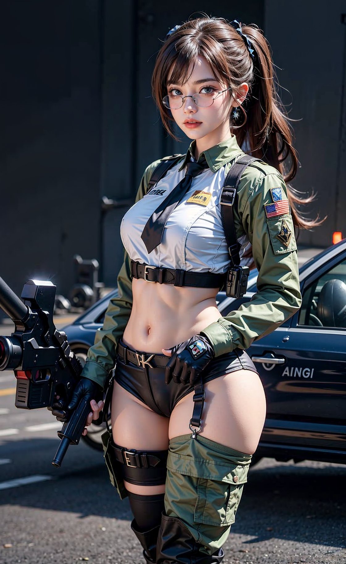 Valkyrie woman, firearm, gun weapon, bandana, looking_at_viewer, closed_mouth, blue bloomers, blue eyes, gunslinger, exposing_self, intelligent, long_hair, violet hair, black_glove, aimpoint, kneeboots, airforce background, blue_earrings, pipe, windemblem, army pants, core (girls' frontline), combat, bullet, eye radar, scope,spy goggles, pony_tail, red tie , wearing eye glass, shades, metal gear, ear mufler. Frontliner, armory, starting future (umamusume), ballistic