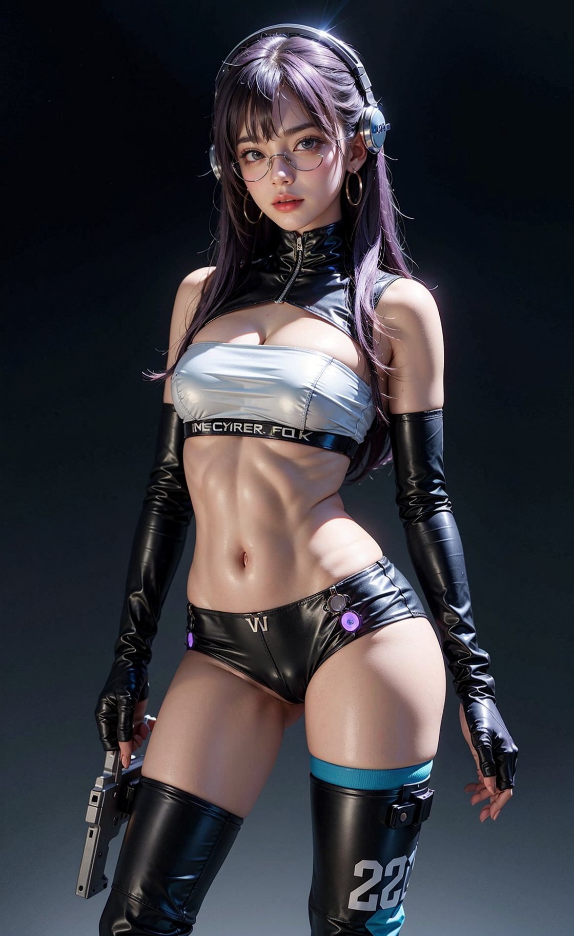 Cyber girl, firearm, gun weapon, cyber helmet, looking_at_viewer, closed_mouth, blue bloomers, blue eyes, gunslinger, exposing_self, intelligent, long_hair, violet hair, black_glove, kneeboots, robot background, blue_earrings, scope,wearing eye glass, shades, metal gear, ear mufler., cyber clothes, cyber punk pants