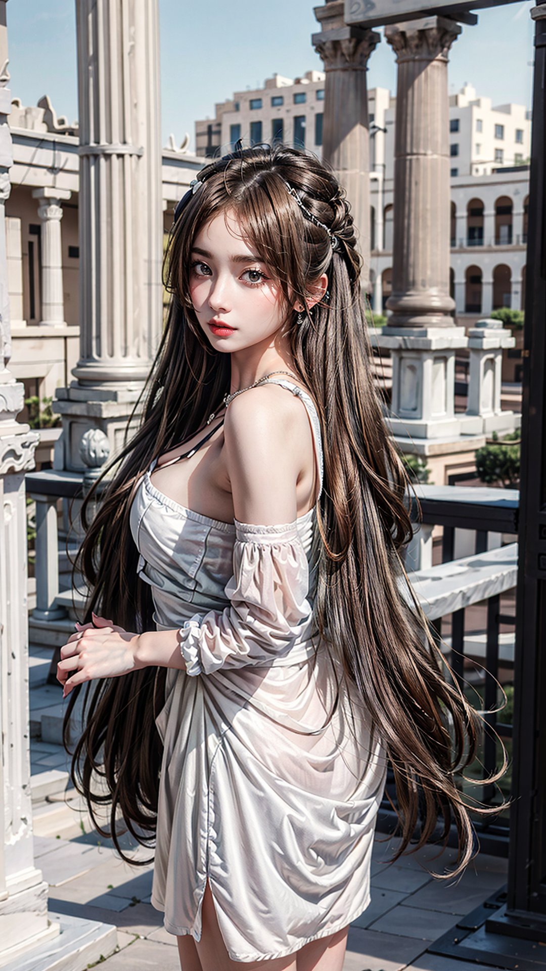 Girl, 22 years,Roman goddess,temple of Zeus,brown hair,wavy hair,medium hair,(masterpiece),(ultra-detailed),bodycon dress,soda(nikke)