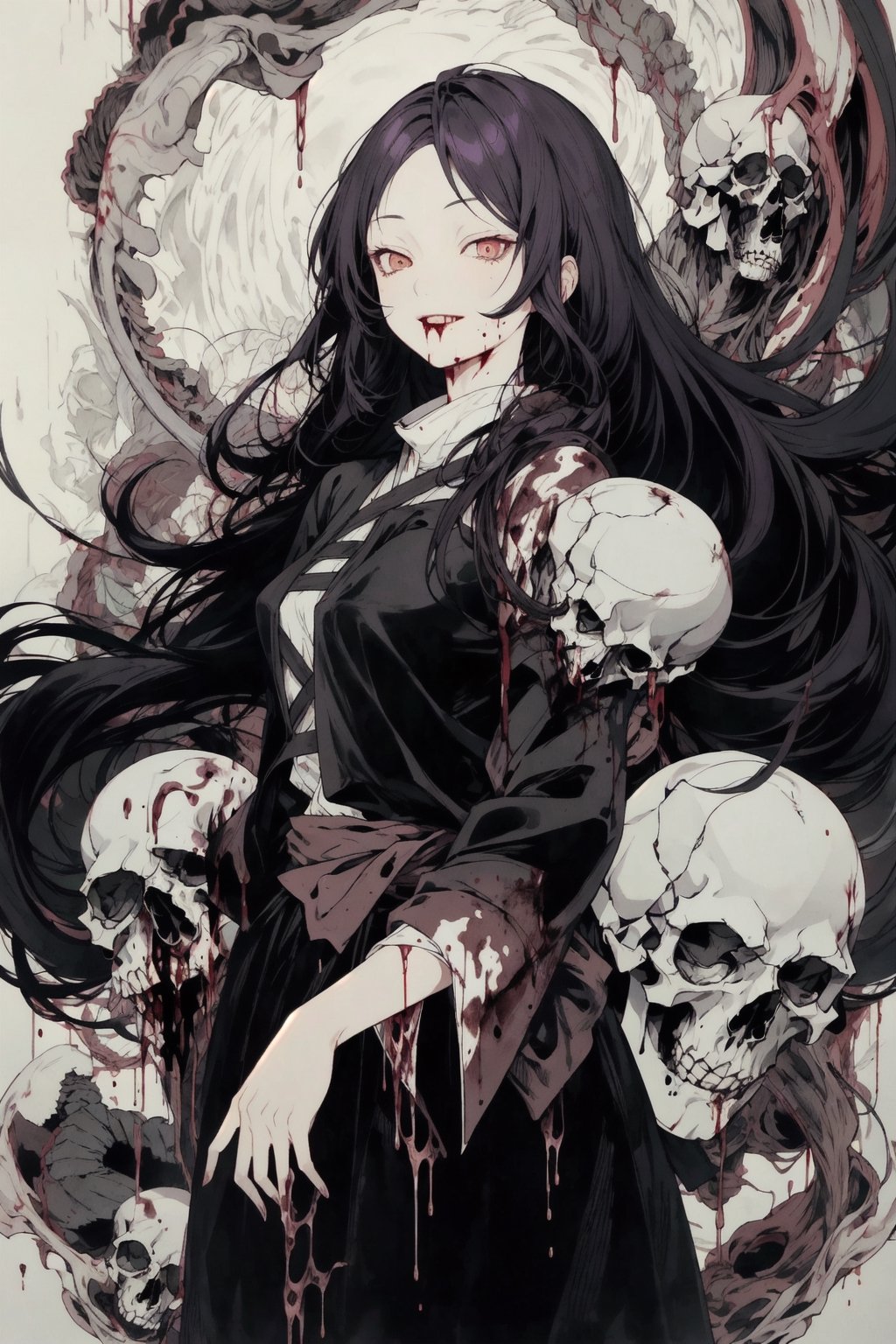 1 girl, cowboy shot, game_cg, masterpiece, touhou, byakuren hijiri, monk, long skirt, violet hair, very long hair, More Detail, monochrome, black_&_white, skulls,  blood, gore, blades, bloody stream, spikes, More Detail,More Detail, thousand eyes in the background, giant eyes, blood, guts, intestines, human organs, eyes, death, carnage, blood and guts, bones, spinal column, sinew, evil smile,