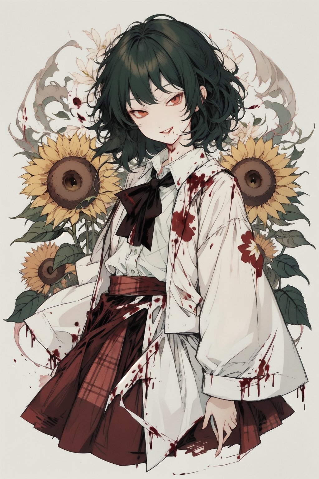 1 milf, touhou, kazami_yuka, green hair, short hair, wavy hair, red eyes, cowboy shot, flowers, flower field, sunflowers, More Detail,  blood,More Detail, funeral, evil smile, white shirt, long plaid skirt, red plaid coat,