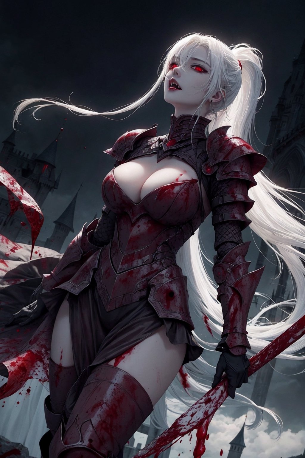 1girl, masterpiece, cowboy shot, vampire, knight, vampire knight, knight armor, armor, revealig armor, sexy armor, mature female, old female, cleavage cutout, white hair, long_ponytail, hair over one eye, large breasts, wide hips, aroused, action_pose, glowing blood moon, blood pool, glowing eyes, midnight, blood splash, bloody stream, blood, blood magic, blood streams floating in the air, fangs, gore, guro, holding sword, castle, outside castle, outdoors, standing on top of the castle, looking up, looking at the blood moon,