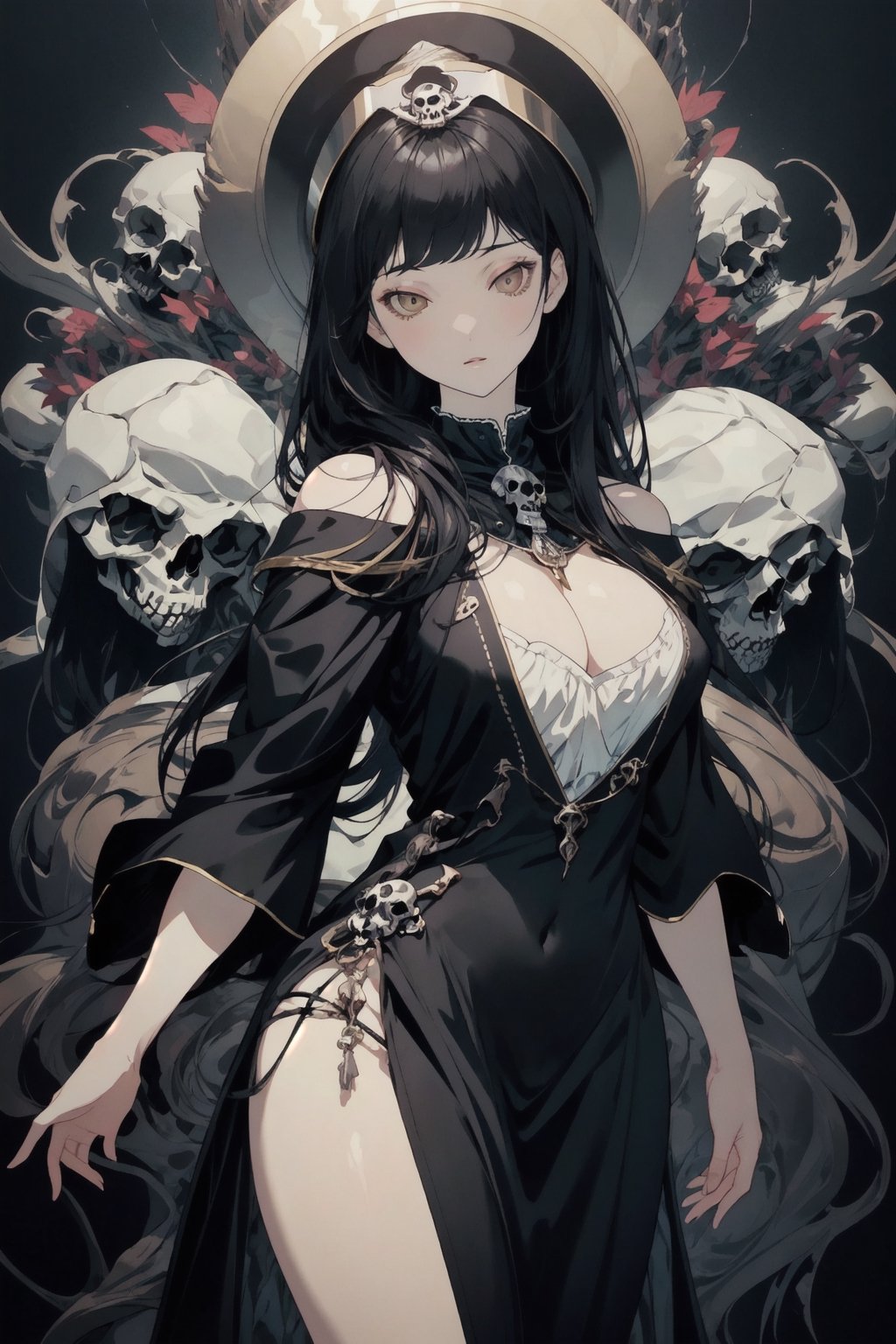 1girl, masterpiece, game cg, cowboy shot, black hair, black dress, priestess, large breasts, wide hips, absolute cleavage, skulls, souls, ghouls, ,More Detail