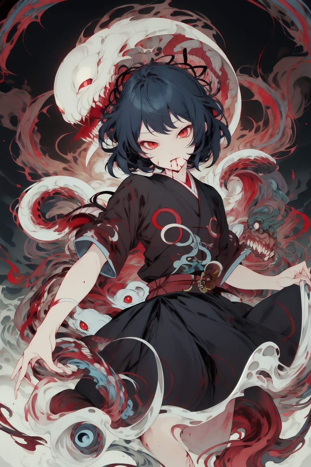 1 milf, touhou, goddess of water, yasaka kanako, blue hair, 1 giant red eyed white snake, short hair, red eyes, cowboy shot, ocean of blood, More Detail,  blood, gore, guro,More Detail, CarnageStyle, onbashira, shimenawa, earth energy, red and blue, autumn, funeral, red japanese shirt, long blue skirt,CarnageStyle