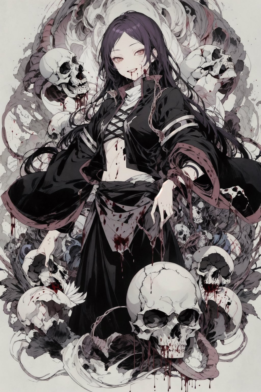 1 girl, cowboy shot, masterpiece, touhou, byakuren hijiri, monk, long skirt, violet hair, very long hair, More Detail, monochrome, black_&_white, skulls,  blood, gore, blades, bloody stream, spikes, More Detail,More Detail, thousand eyes in the background, giant eyes, blood, guts, intestines, human organs, eyes, death, carnage, blood and guts, bones, spinal column, sinew, evil smile,