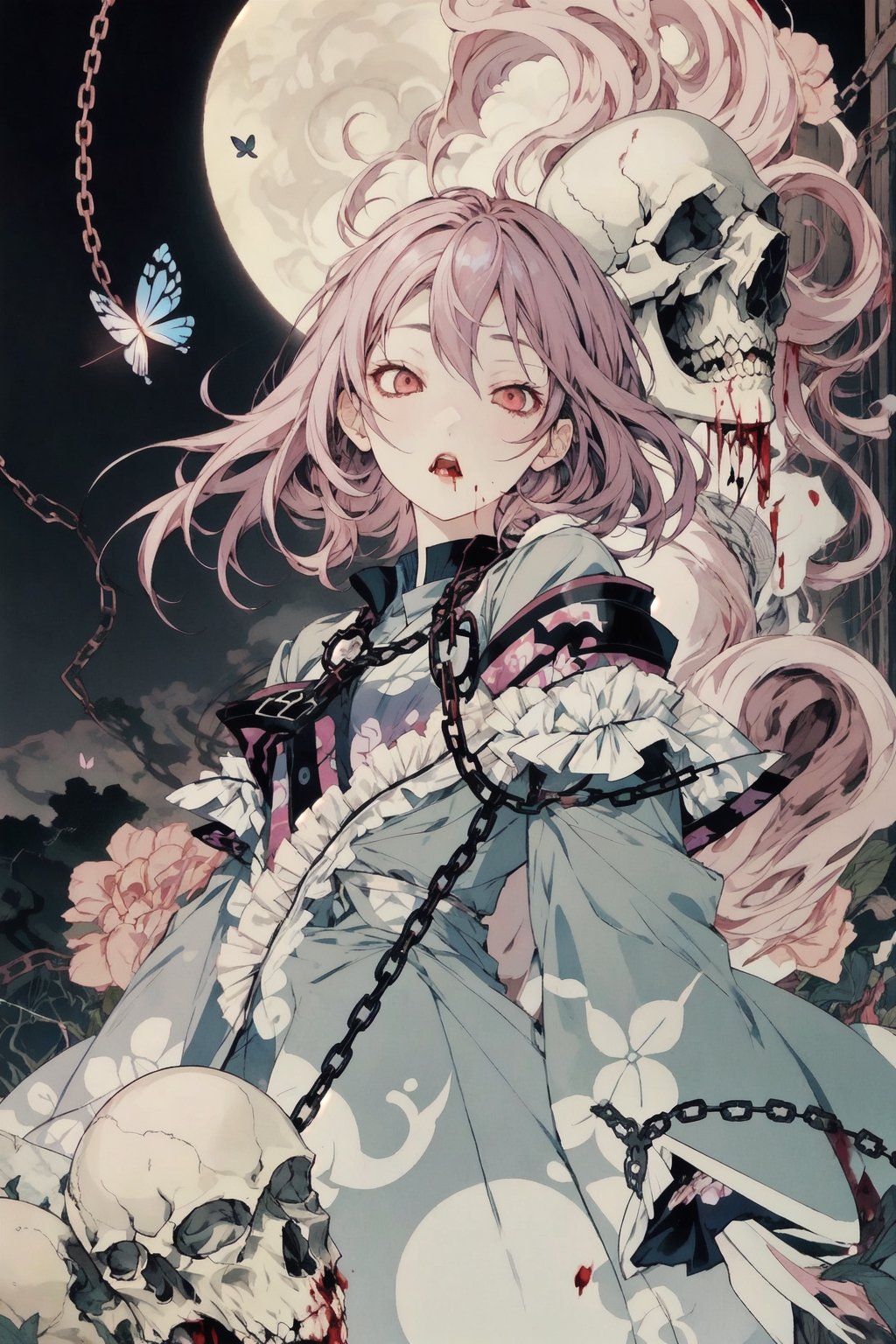 1 girl, yuyuko saigyouji, game_cg, pink hair, butterflies, cowboy shot, masterpiece, More Detail, skulls  blood, gore, guro,More Detail, ghosts, phantasm, phantom, funeral, will o' wisp, chains, shackles, prison, lots of chains, chain collar,