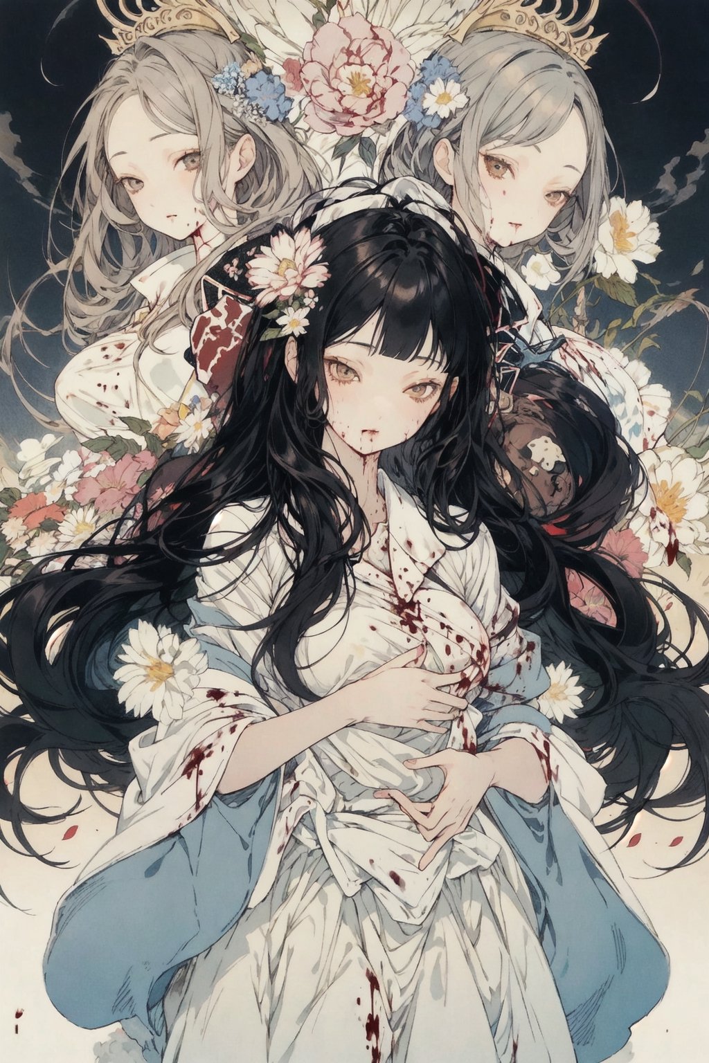 2 angels and a young girl, cowboy shot, masterpiece, hair, hime cut, very long hair, big_breasts, heaven, sky, flowers, More Detail,looking_at_viewer, More Detail, eyes, blood