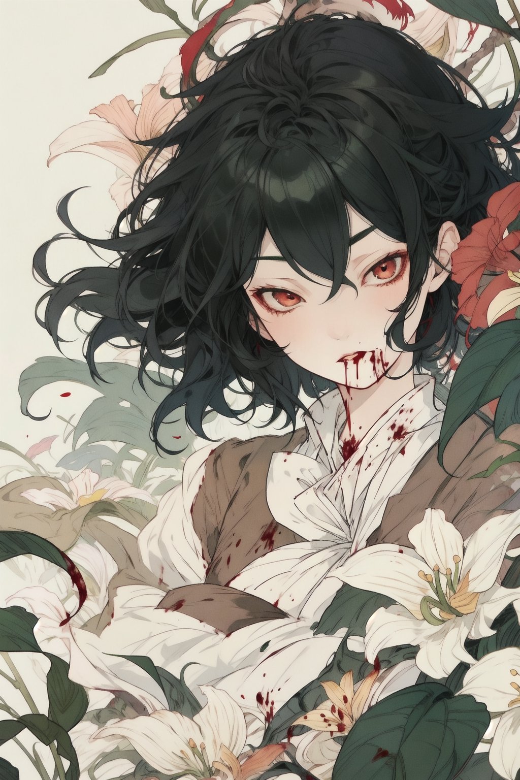 1 milf, touhou, kazami_yuka, green hair, short hair, wavy hair, red eyes, cowboy shot, flowers, flower field, spider lillies, More Detail,  blood,More Detail, funeral, 