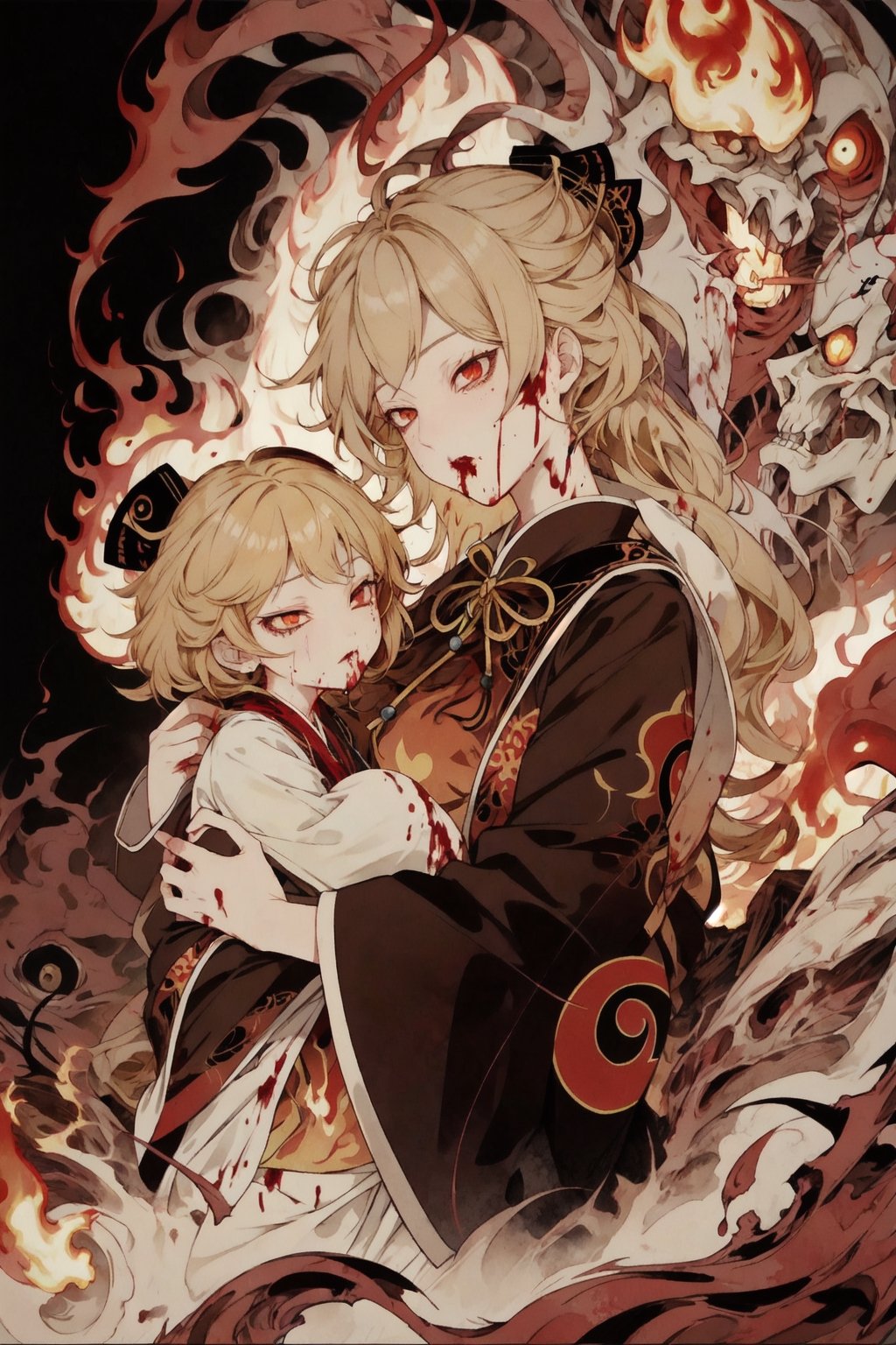 1 girl, junko, touhou blonde hair, red eyes, cowboy shot, big_breasts, More Detail,  blood, gore, guro,More Detail, CarnageStyle, horror, fire, flames, red tears,holding a dead child,