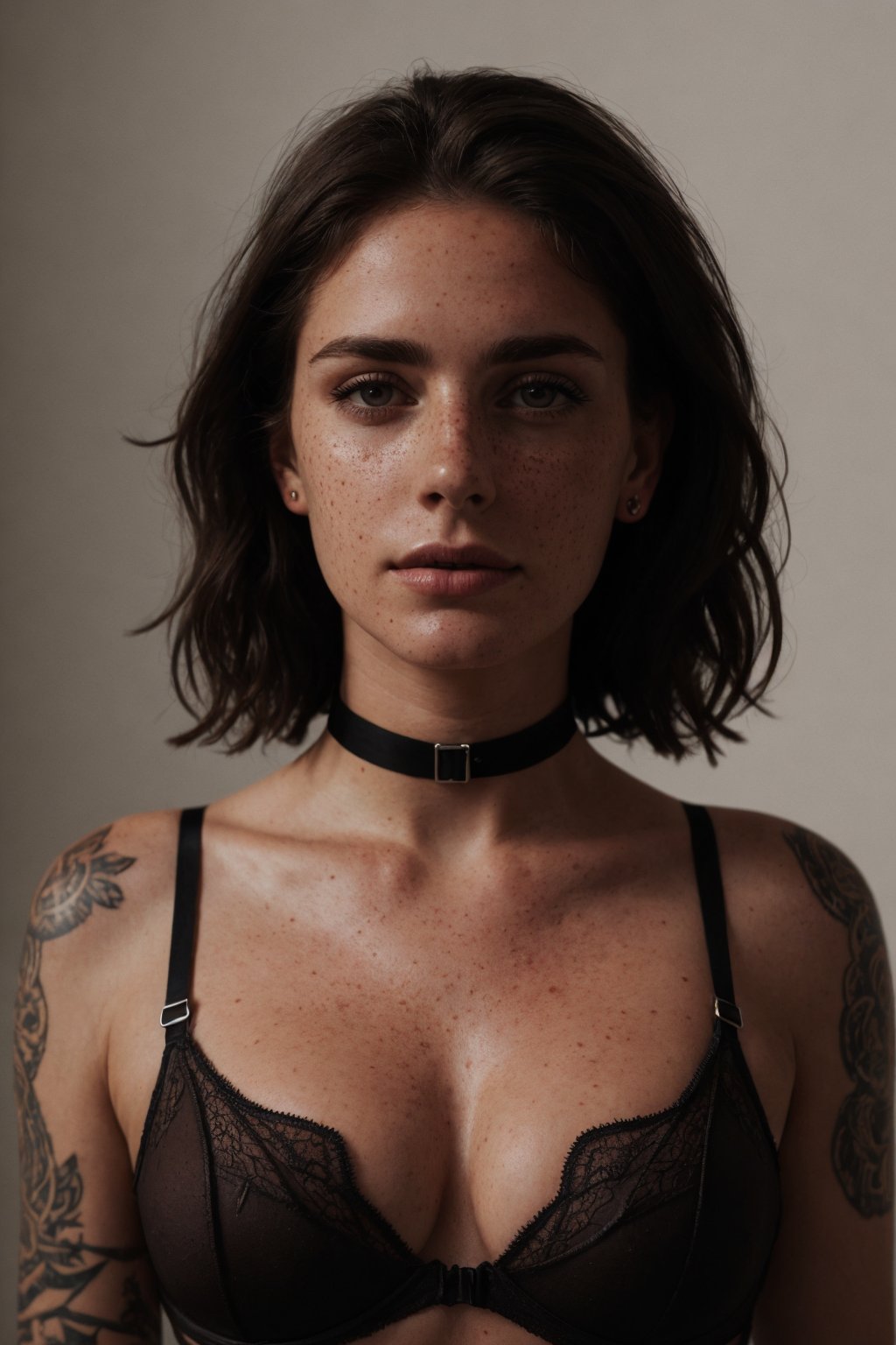 photo, rule of thirds, dramatic lighting, medium hair, detailed face, detailed nose, woman wearing lingerie, freckles, collar or choker, smirk, tattoo, large bulging chest,intricate background
,realism,realistic,raw,analog,woman,portrait,photorealistic,analog,realism