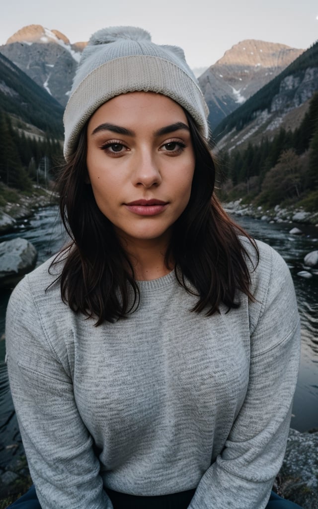 photorealistic, best quality, hyper detailed, beautiful woman, selfie photo, upper body, solo, wearing pullover, outdoors, (night), mountains, real life nature, stars, moon, (cheerful, happy), sleeping bag, gloves, sweater, beanie, flashlight, forest, rocks, river, wood, smoke, fog, clear sky, analog style, looking at viewer, skin texture, film grain, close up, ultra high res, best shadow, RAW, instagram LUT