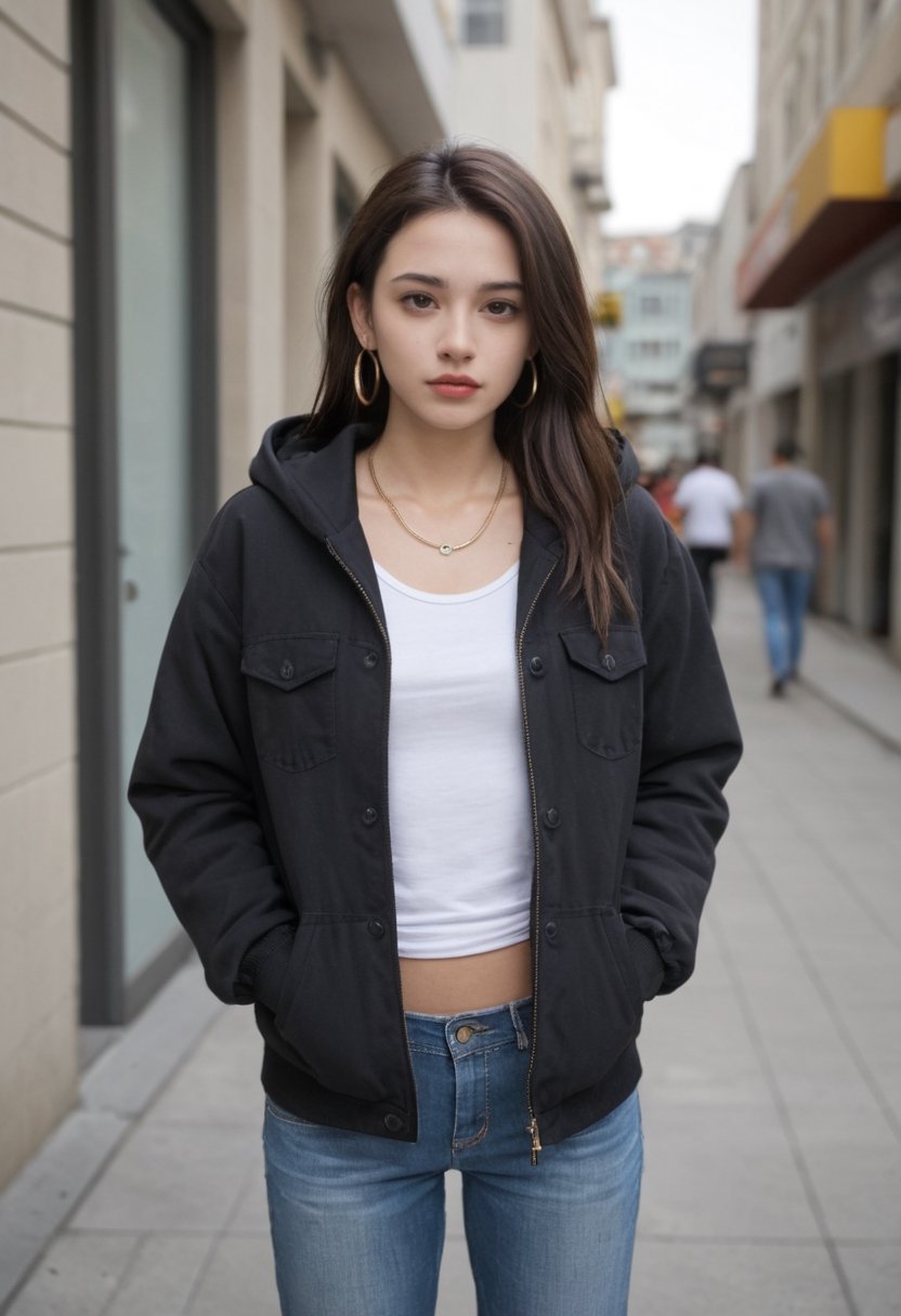 score_9, score_8_up, score_7_up, BREAK , 
1girl, 1boy, girl's underwear on boy's face, long hair, looking at viewer, shirt, black hair, brown eyes, jewelry, standing, jacket, white shirt, earrings, parted lips, pants, indoors, hood, necklace, bag, blurry, lips, coat, backpack, hood down, denim, hooded jacket, jeans, hoop earrings, realistic, hands in pockets, red lips, shop,more detail XL