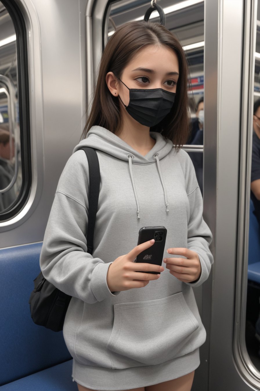 on public transportation. A young woman, wearing a face mask, is standing on what appears to be a train or subway car. She is wearing an oversized grey sweatshirt but has very little else covering her lower body, raising potential issues of privacy and inappropriate public exposure. There is another passenger visible in the background, looking at their phone while this situation unfolds nearby.
