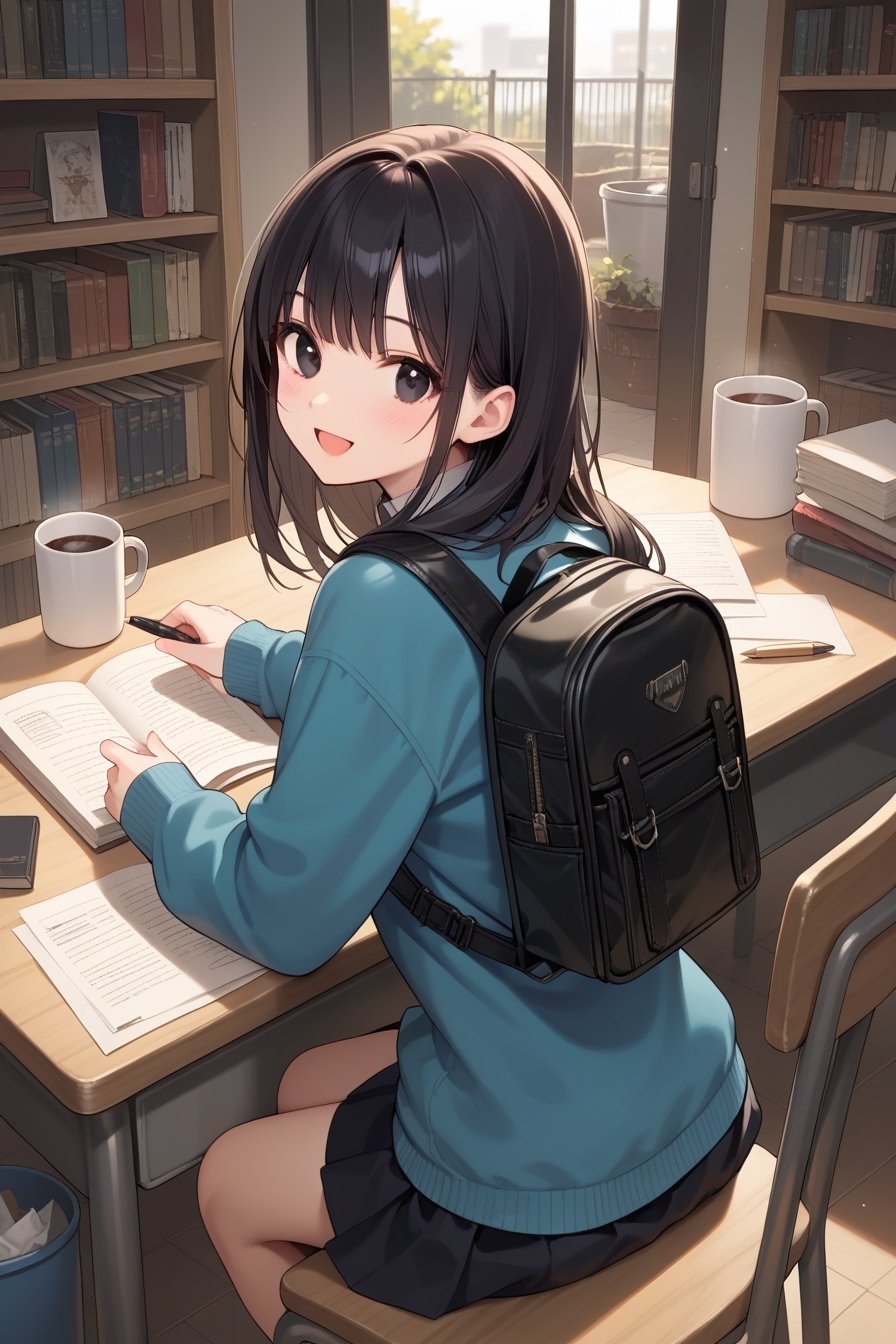 score_9, score_8_up, score_7_up, source_anime, rating_safe, 

1girl, solo, long hair, looking at viewer, blush, smile, open mouth, bangs, skirt, black hair, long sleeves, holding, sitting, looking back, indoors, medium hair, bag, black eyes, sweater, cup, book, chair, backpack, desk, mug, paper, open book, bookshelf, pen, pencil, drawing, trash can, eraser