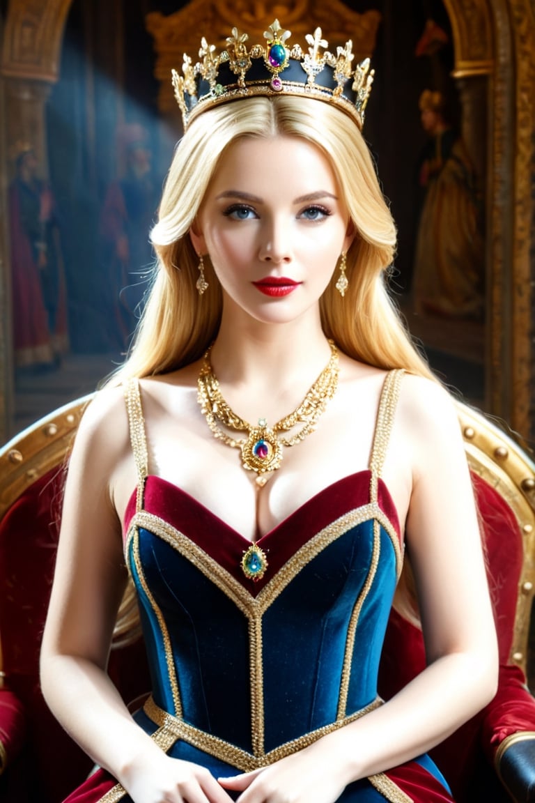 masterpiece, high quality, realistic aesthetic photo ,(HDR:1.2), pore and detailed, intricate detailed, graceful and beautiful textures, RAW photo, 16K, sharp forcus, vibrant colors,  (head to waist portrait), in the castle throne room, beautiful-queen carved on gold, (wide shot), detailed beautiful face, light-blond hair, necklace, crown, open chest dress,hubggirl,BucketGoldUnderTheRainbow,more detail XL