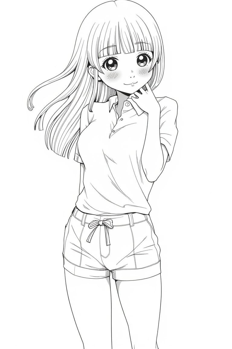 This is a black-and-white digital drawing of a young girl with a delicate, anime-inspired style. The subject has long, straight hair that flows slightly to her left, suggesting movement. Her hair is drawn with thin, precise lines that add depth and texture. She has large, expressive eyes with a slight upward tilt, giving her a gentle and curious look. Her cheeks are flushed, contributing to a sense of warmth and innocence.

She is dressed in a casual outfit, consisting of a short-sleeved polo shirt with a small collar and a pair of high-waisted shorts that are tied at the waist with a small bow. The shirt and shorts are simple, with minimal detailing, emphasizing a youthful and carefree appearance.

The background is blank, focusing all attention on the girl. The lines are clean and precise, characteristic of digital drawing, with a slight emphasis on shading to give volume and dimension to the figure. The overall composition is straightforward, with the girl positioned slightly off-center to the left, creating a sense of movement and life in the image. The drawing style is reminiscent of contemporary manga, with a focus on clean lines and expressive characters.