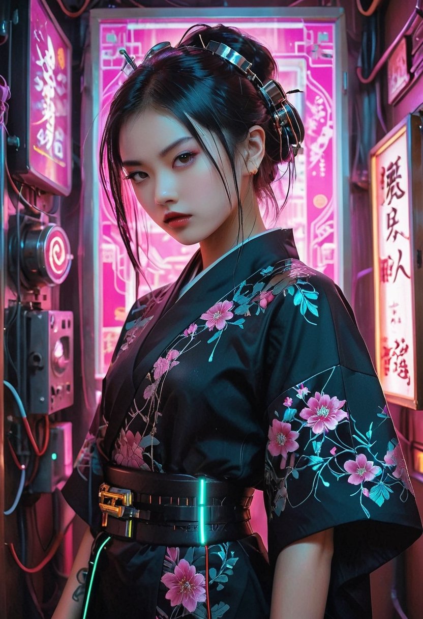 In a cyberpunk fusion with traditional Japanese culture, a young Japanese girl dons a sleek kimono contrasted by a futuristic mechanical arm and intricate piping. The image, likely a digital painting, showcases a blend of old and new elements with a unique twist. The vibrant scene exudes a sense of technological elegance, with neon lights illuminating the girl's stoic expression and the intricate details of her cybernetic enhancements. The high-resolution image captures every intricate detail, from the delicate embroidery on the kimono to the seamless integration of the mechanical arm into the girl's silhouette, creating a visually stunning and thought piece of art.,Cyberpunk geisha