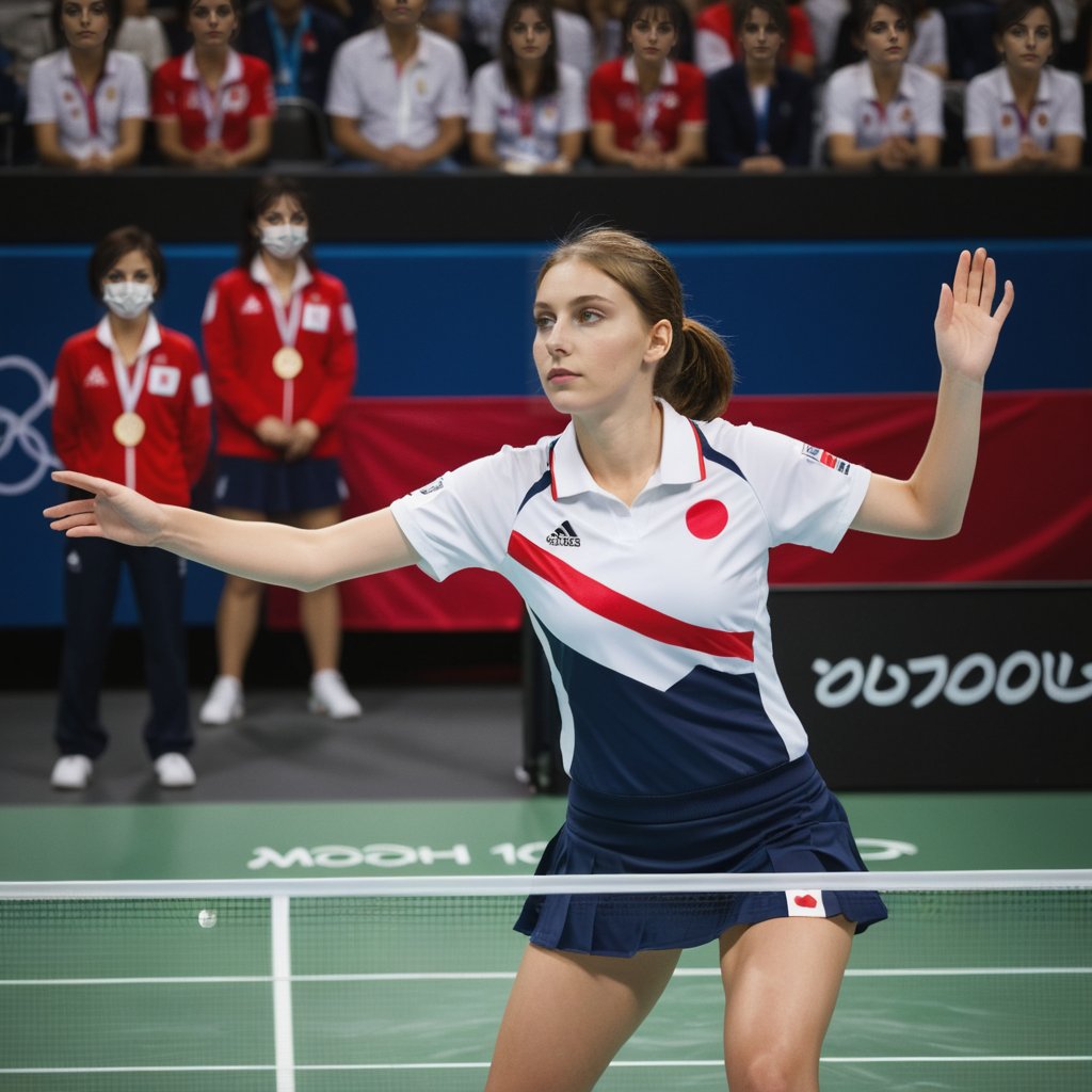 "A stunning scene of the 2024 Olympic table tennis competition, featuring Japan's table tennis angel. She is in the middle of an intense match, her eyes focused and her posture perfect. She wears a stylish Japanese team uniform with the national flag prominently displayed. The background shows a modern Olympic arena filled with excited spectators, many waving Japanese flags and cheering her on. The Olympic rings are visible in the background, and the atmosphere is electric with anticipation and national pride. The lighting highlights her swift movements and concentrated expression as she prepares to return a serve."
