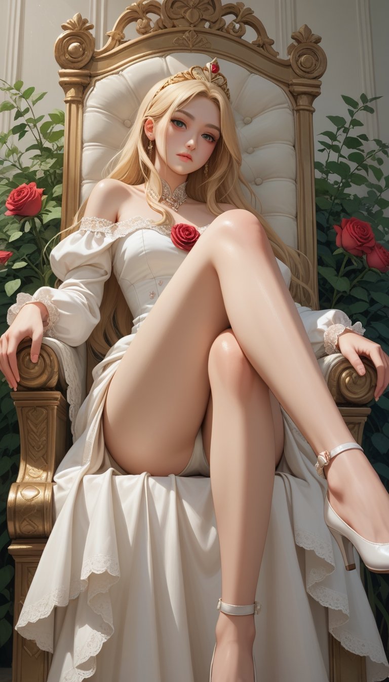 score_9, score_8_up, score_7_up, score_6_up, score_5_up, score_4_up,

1 girl, blonde hair, long hair, seducing viewer, hearts,posing, suggestive pose, sitting on throne, solo, hearts, white royal dress, off shoulder, roses, legs up, from below, air of superiority, crossed legs, golden tiara, flowers, plants