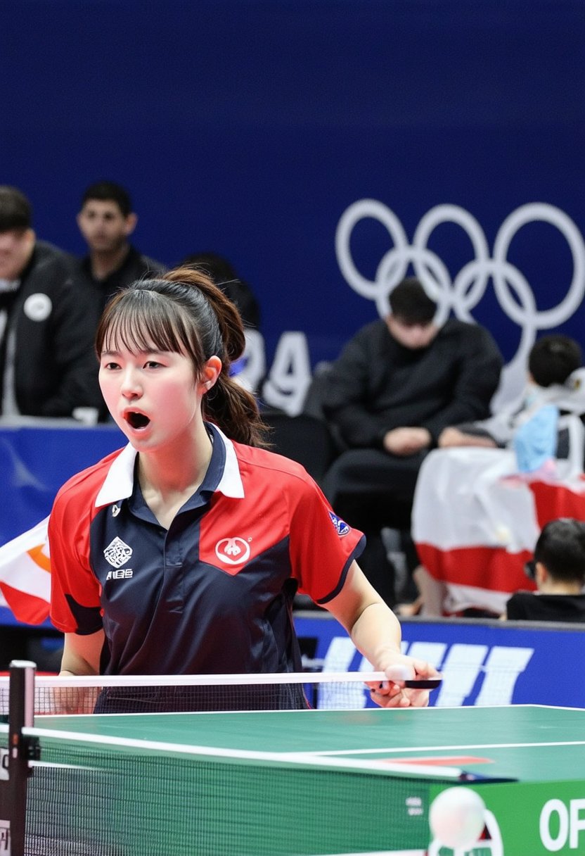 A vibrant and dynamic scene capturing the intensity of the 2024 Olympics. The 'Japanese Table Tennis Angel', radiating grace and power, dominates the table tennis court.  She's a blur of motion in her national colors, her focused gaze locked on the ball as she unleashes a powerful smash.  Sweat glistens on her brow, a testament to her effort and determination. The crowd roars with every point, a sea of Japanese flags waving fervently. The Olympic rings loom large in the background, a symbol of the global stage and the fierce competition. This is a moment frozen in time, a testament to athletic skill and the pursuit of Olympic glory.,hina